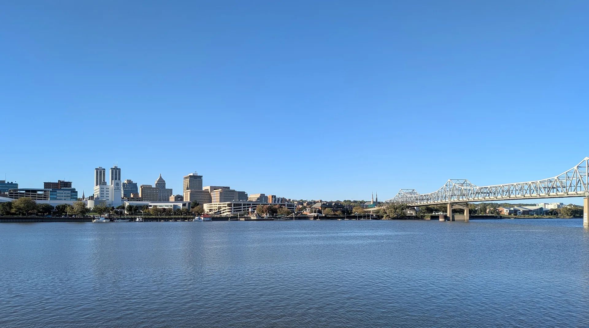 The Peoria skyline and the Murray Baker Bridge across the Illinois River on a clear autumn afternoon